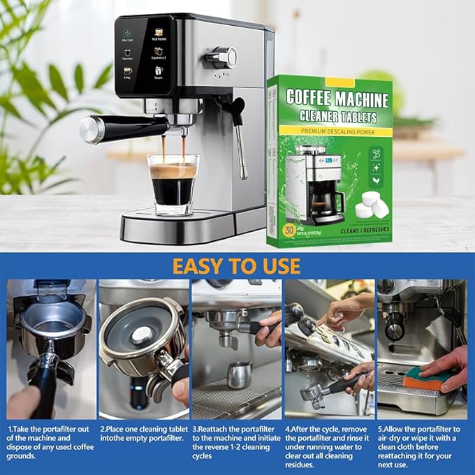 FDTY 30 قرصًا لتنظيف الإسبريسو، متوافق مع جميع ماكينات القهوة الرئيسية، ينظف المناطق الداخلية التي يصعب الوصول إليها في فلتر القهوة، منظف بقايا القهوة - Image 3
