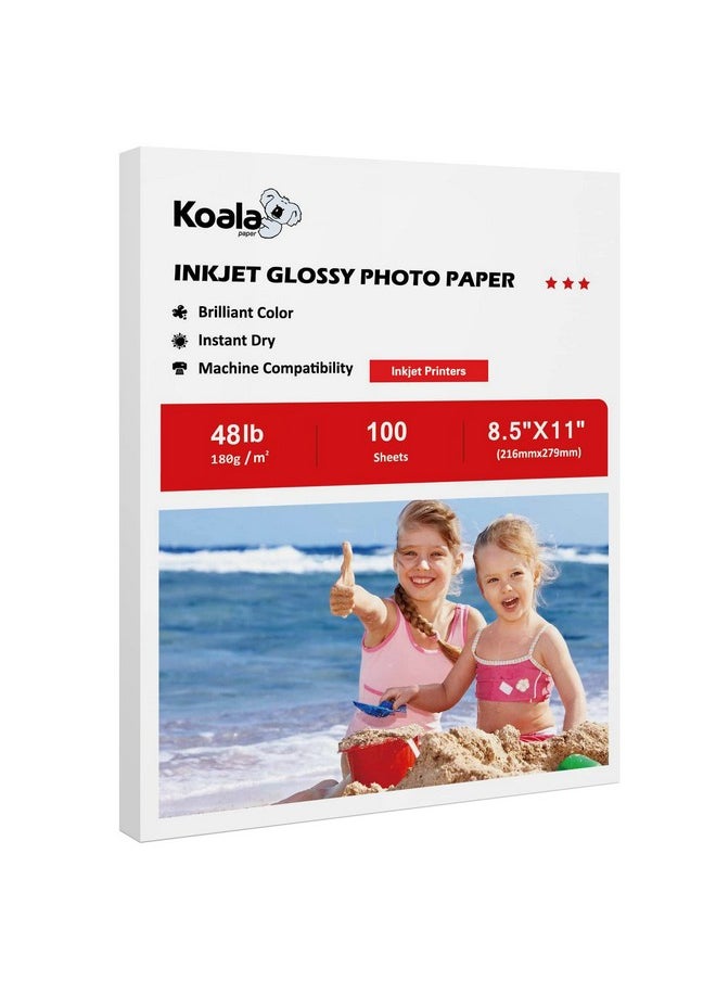 كولا بيبر - ورق صور لامع من Koala مقاس 8.5 × 11 بوصة، 48 رطل، 100 ورقة، ورق صور لامع احترافي متوافق مع طابعات نفث الحبر، يستخدم حبر الصبغة 180 جرامًا لكل متر مربع - Image 1