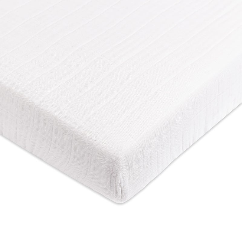 Babyletto 100% Organic Cotton Mini Crib Sheet, GOTS-Certified, Fitted 360°, Ultra-Soft and Breathable Muslin - Plain White - Image 1