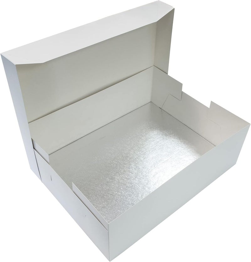 Culpitt 16" x 12" (406 x 304mm) Cake Board & White Cake Box Combo, Oblong Silver Fern Cake Drum With Matching Box, 0.5'' (13mm) Thick, Rectangular Cake Transport Set, 5 Pack Rectangle - Image 1