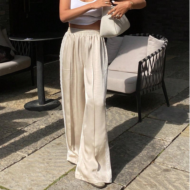 SOOKABEILA Women Satin Silk Lace Trim Pants Y2k Elastic Waist Wide Leg Pj Lounge Boxer Bottoms Trendy Causal Trousers (Side Lace Champagne,L) - Image 3