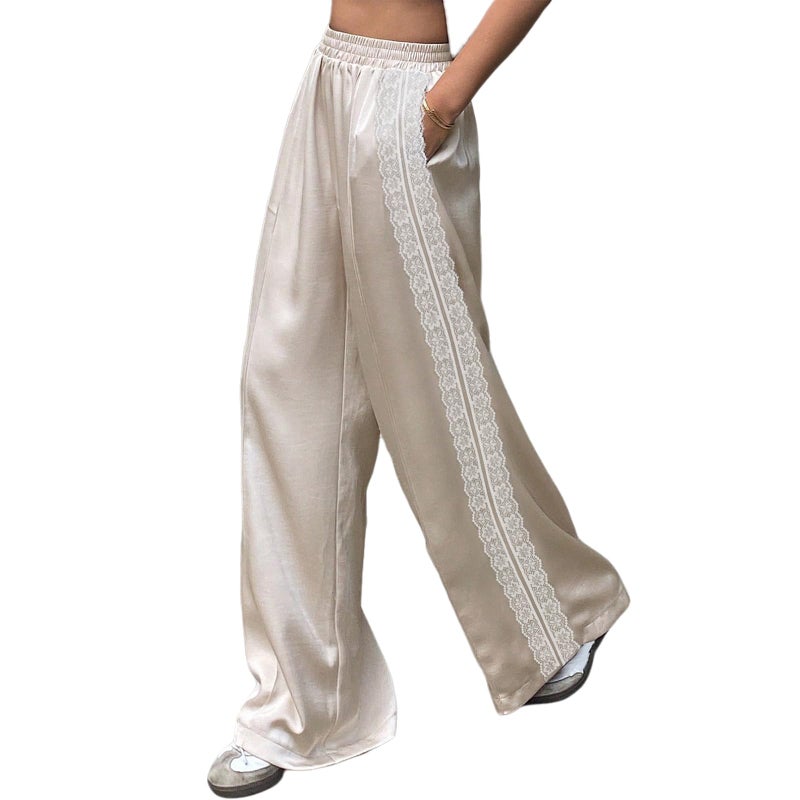 SOOKABEILA Women Satin Silk Lace Trim Pants Y2k Elastic Waist Wide Leg Pj Lounge Boxer Bottoms Trendy Causal Trousers (Side Lace Champagne,L) - Image 1