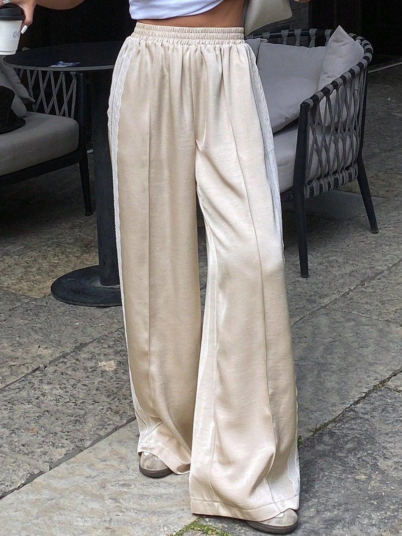 SOOKABEILA Women Satin Silk Lace Trim Pants Y2k Elastic Waist Wide Leg Pj Lounge Boxer Bottoms Trendy Causal Trousers (Side Lace Champagne,L) - Image 2