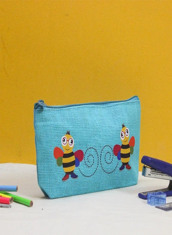 Jute Cottage Eco-Friendly Bee Print Pencil Pouch for Kids | Natural Jute Stationery Organizer with Smooth Zip | Durable, Lightweight & Travel-Friendly | Ideal Return Gift & (Blue) - Image 3
