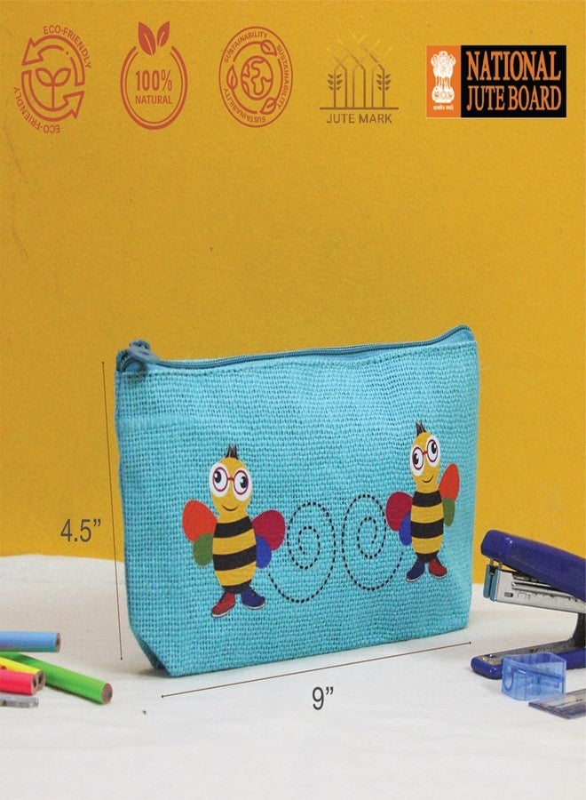 Jute Cottage Eco-Friendly Bee Print Pencil Pouch for Kids | Natural Jute Stationery Organizer with Smooth Zip | Durable, Lightweight & Travel-Friendly | Ideal Return Gift & (Blue) - Image 2