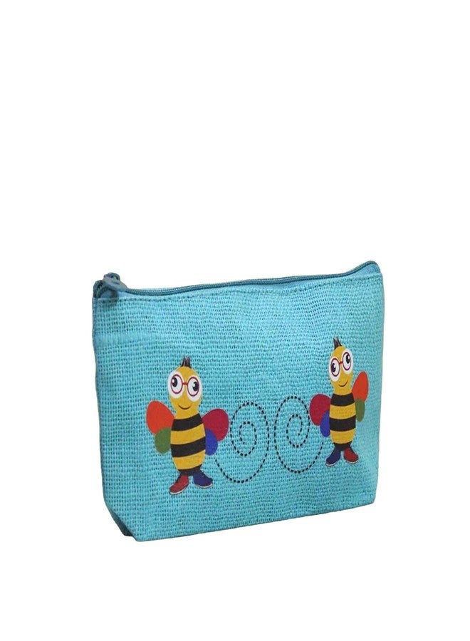 Jute Cottage Eco-Friendly Bee Print Pencil Pouch for Kids | Natural Jute Stationery Organizer with Smooth Zip | Durable, Lightweight & Travel-Friendly | Ideal Return Gift & (Blue) - Image 1