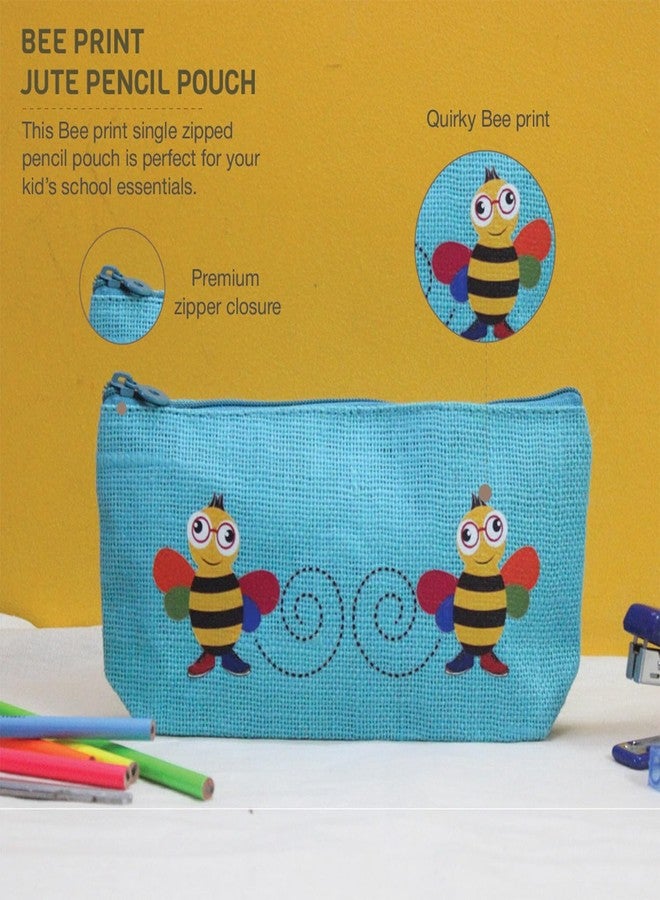 Jute Cottage Eco-Friendly Bee Print Pencil Pouch for Kids | Natural Jute Stationery Organizer with Smooth Zip | Durable, Lightweight & Travel-Friendly | Ideal Return Gift & (Blue) - Image 4