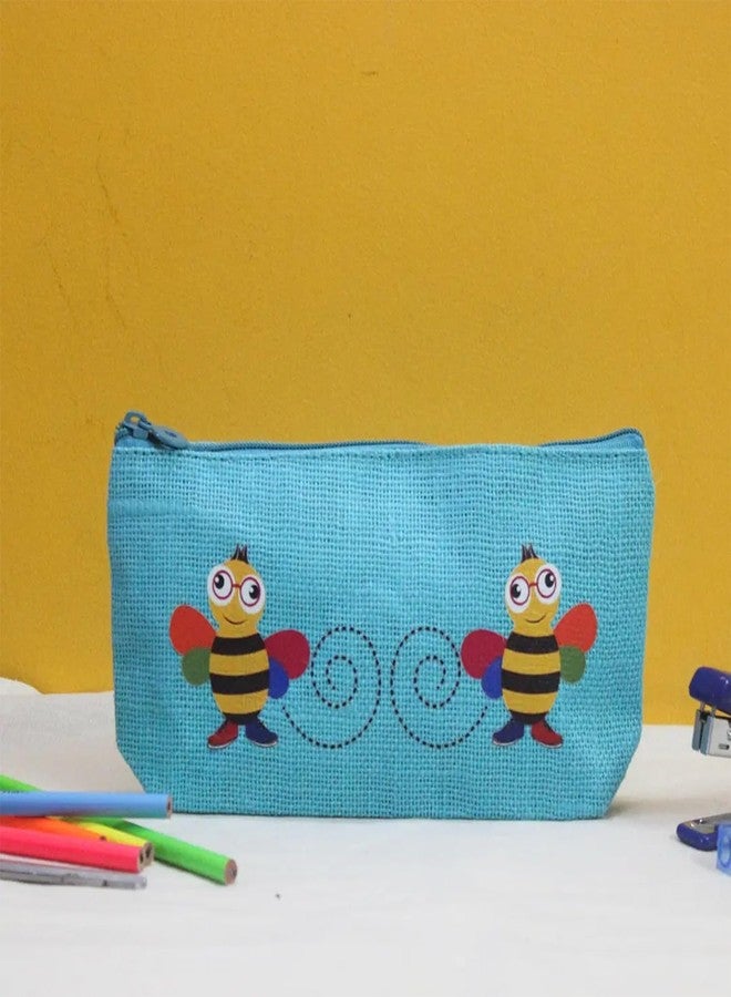 Jute Cottage Eco-Friendly Bee Print Pencil Pouch for Kids | Natural Jute Stationery Organizer with Smooth Zip | Durable, Lightweight & Travel-Friendly | Ideal Return Gift & (Blue) - Image 5