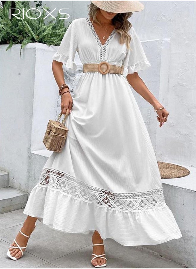 RIOXS Women's Maxi Dress, White Bohemian Dress For Women, V-Neck Lace Loose Long Dress, Elegant Retro Dresses, Laides Flowy Dresses, Summer Boho Smocked Waist Dresse For Party/ Beach/ Vacation/ Daily Wear  - Image 5