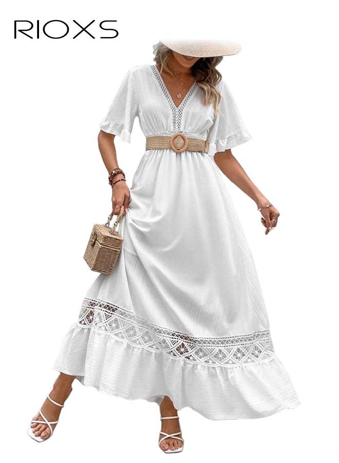 RIOXS Women's V-Neck Lace Maxi Dress, Summer Boho Elastic Smocked Waist Dresse with Ruffled Sleeve, White High Waist Loose Long Dress for Ladies, Elegant Retro Flowy Dress for Party/ Beach/ Vacation/ Daily Wear - Image 1