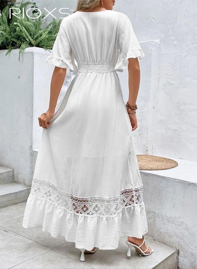 RIOXS Women's V-Neck Lace Maxi Dress, Summer Boho Elastic Smocked Waist Dresse with Ruffled Sleeve, White High Waist Loose Long Dress for Ladies, Elegant Retro Flowy Dress for Party/ Beach/ Vacation/ Daily Wear - Image 3