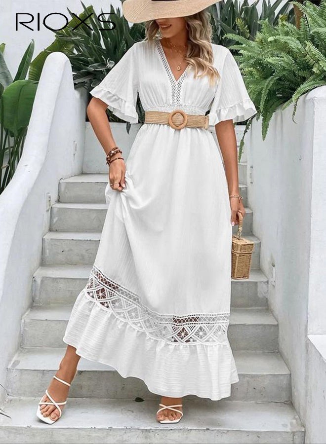 RIOXS Women's V-Neck Lace Maxi Dress, Summer Boho Elastic Smocked Waist Dresse with Ruffled Sleeve, White High Waist Loose Long Dress for Ladies, Elegant Retro Flowy Dress for Party/ Beach/ Vacation/ Daily Wear - Image 2