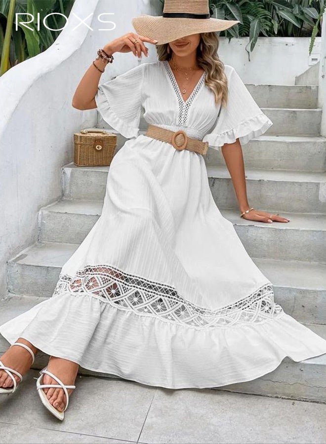 RIOXS Women's V-Neck Lace Maxi Dress, Summer Boho Elastic Smocked Waist Dresse with Ruffled Sleeve, White High Waist Loose Long Dress for Ladies, Elegant Retro Flowy Dress for Party/ Beach/ Vacation/ Daily Wear - Image 5