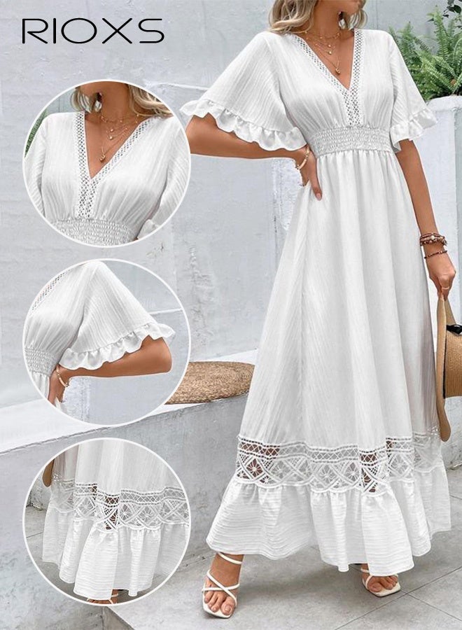 RIOXS Women's V-Neck Lace Maxi Dress, Summer Boho Elastic Smocked Waist Dresse with Ruffled Sleeve, White High Waist Loose Long Dress for Ladies, Elegant Retro Flowy Dress for Party/ Beach/ Vacation/ Daily Wear - Image 4