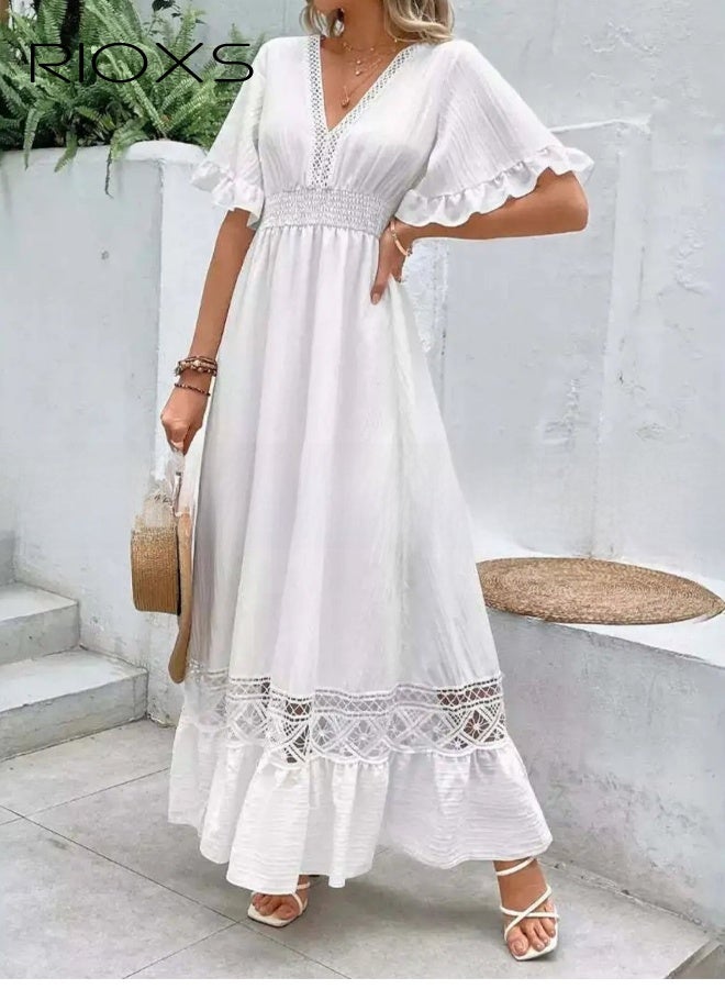 RIOXS Women's V-Neck Lace Maxi Dress, Summer Boho Elastic Smocked Waist Dresse with Ruffled Sleeve, White High Waist Loose Long Dress for Ladies, Elegant Retro Flowy Dress for Party/ Beach/ Vacation/ Daily Wear - Image 2