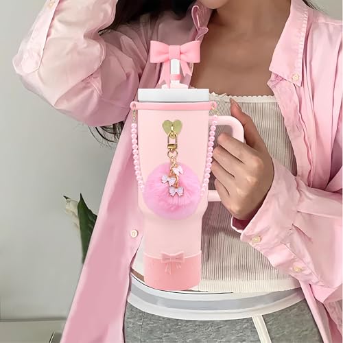 Hpebl 7PCS Light Pink of Stanley Cup Accessories Set 30/40 Oz Pearl Bow Charms for Stanley Decorations Water Bottle Tumbler Accessories Including Bow Straw Topper, Pom Pom Keychain, Tumbler Boot - Image 2