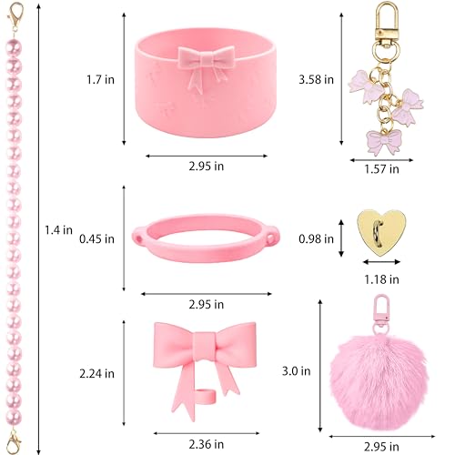 Hpebl 7PCS Light Pink of Stanley Cup Accessories Set 30/40 Oz Pearl Bow Charms for Stanley Decorations Water Bottle Tumbler Accessories Including Bow Straw Topper, Pom Pom Keychain, Tumbler Boot - Image 3