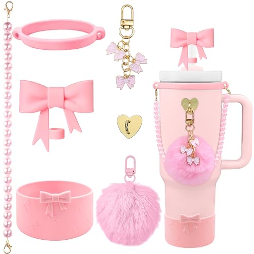 Hpebl 7PCS Light Pink of Stanley Cup Accessories Set 30/40 Oz Pearl Bow Charms for Stanley Decorations Water Bottle Tumbler Accessories Including Bow Straw Topper, Pom Pom Keychain, Tumbler Boot - Image 1