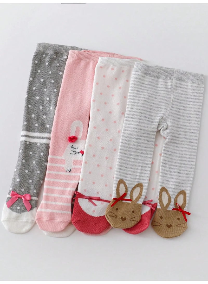 Winter leggings for babies, set of 4 pairs featuring cute and varied colors and designs. Made from soft and comfortable fabric that is gentle on the baby’s skin, with a comfortable elastic waistband for easy wear. These slim-fit autumn leggings are suitable for babies aged 6–12 months. - Image 2
