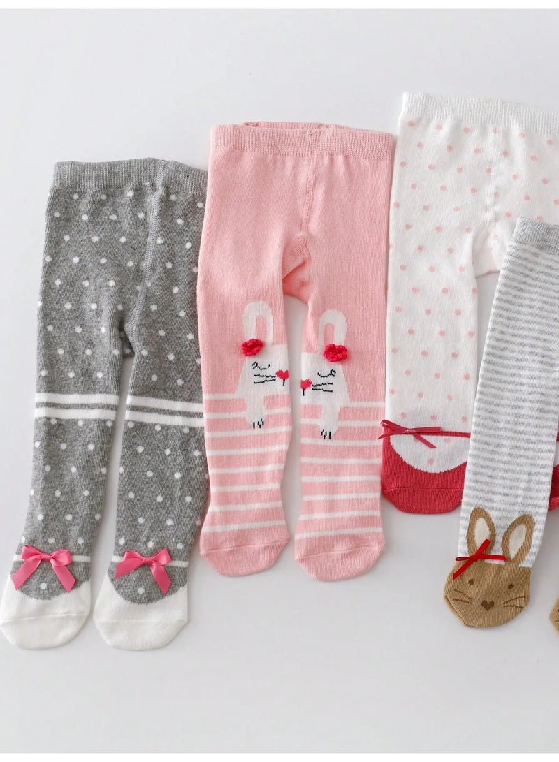 Winter leggings for babies, set of 4 pairs featuring cute and varied colors and designs. Made from soft and comfortable fabric that is gentle on the baby’s skin, with a comfortable elastic waistband for easy wear. These slim-fit autumn leggings are suitable for babies aged 6–12 months. - Image 3