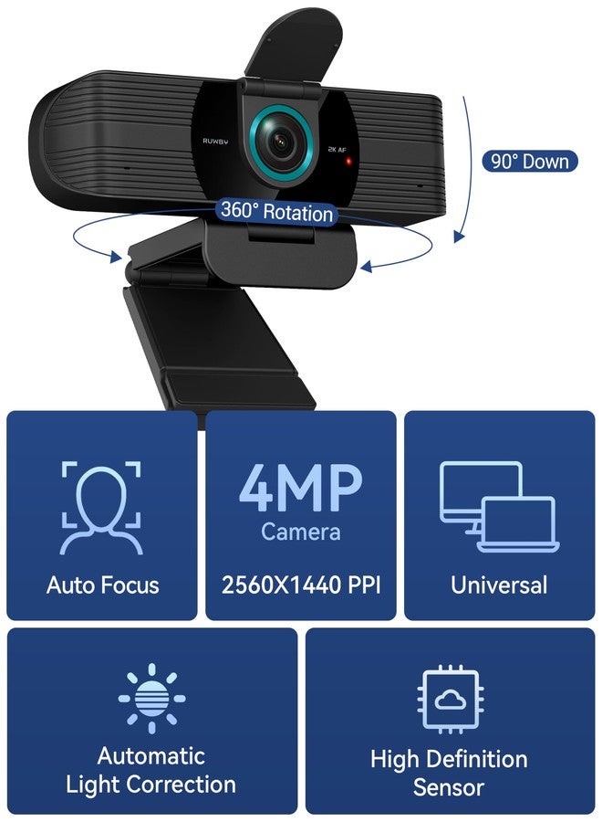 RUWBY Webcam with Built-in Microphone and Rotatable Tripod, Video and Wide Angle Camera, Privacy Cover (2K Webcam with USB Cable) - Image 2