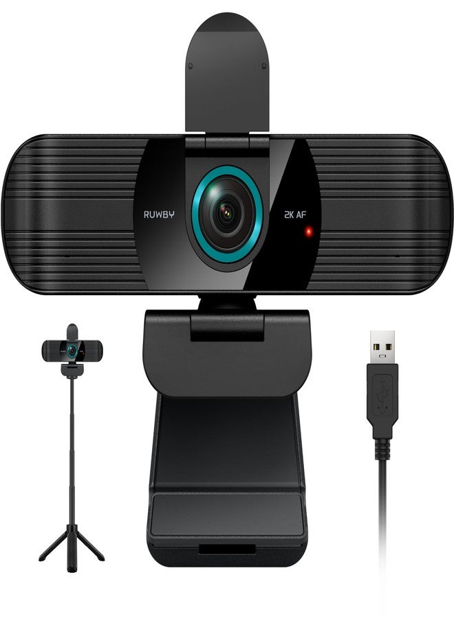 RUWBY Webcam with Built-in Microphone and Rotatable Tripod, Video and Wide Angle Camera, Privacy Cover (2K Webcam with USB Cable) - Image 1