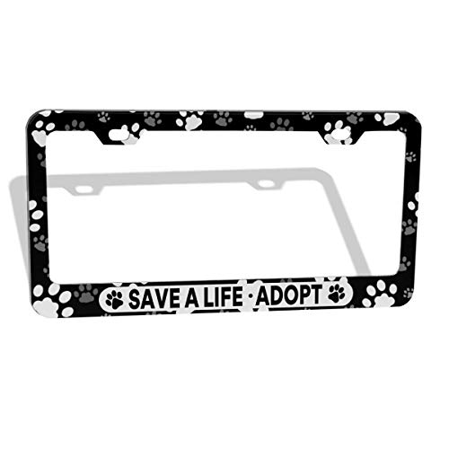 DZGlobal Save A Life Adopt Pet Cat Dog License Plate Frames Paw Prints Design License Plate Covers Aluminum Novelty Car Tag Frame 2 Holes and Screws for Adults - Image 1