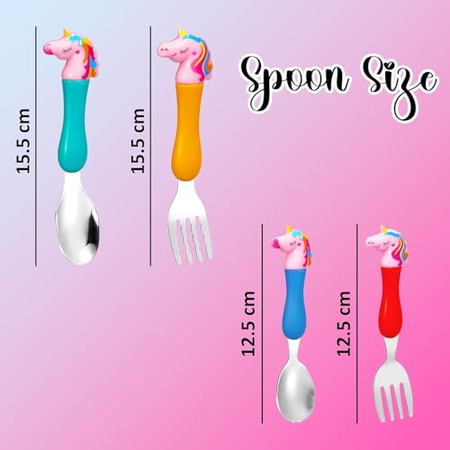 KRySt Unicorn Baby Fork and Spoon Set | Stainless Steel Cutlery Tableware for Kids | Soft Grip Handles | Colorful Cartoon Design Feeding Set for Kids. - Image 4