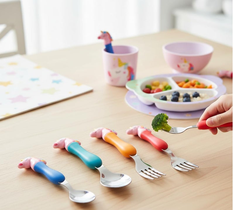 KRySt Unicorn Baby Fork and Spoon Set | Stainless Steel Cutlery Tableware for Kids | Soft Grip Handles | Colorful Cartoon Design Feeding Set for Kids. - Image 2