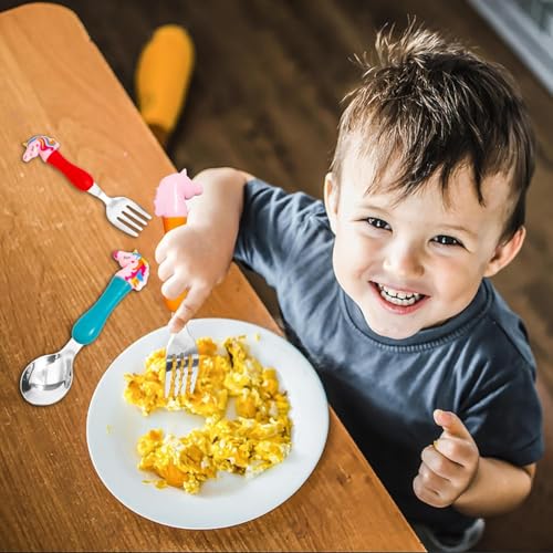 KRySt Unicorn Baby Fork and Spoon Set | Stainless Steel Cutlery Tableware for Kids | Soft Grip Handles | Colorful Cartoon Design Feeding Set for Kids. - Image 3