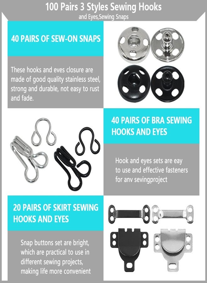 Renashed 100 Pairs 3 Styles Skirt Hooks and Eyes Hook Closures, Sewing Snaps Fasteners Press Studs Clothing Fixing Hook Sewing Hook and Eye Latch or Skirt Dress Bra Sewing DIY Crafting - Image 2