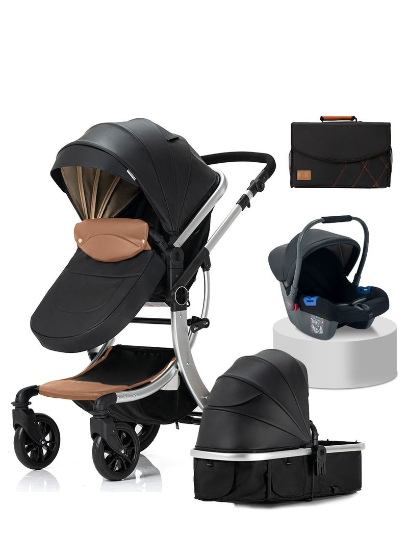 ECONO Sturdy by FlyKids 3 in 1 Travel System with Convertible carrycot and Baby car seat rain Cover Parent Bag Adjustable Height Luxury stroller Foldable baby pram Travel system stroller  - Image 1