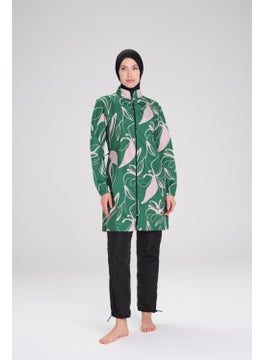 Nehar Patterned Green Woven 3 Piece Hijab Swimsuit Set 2256  - Image 2
