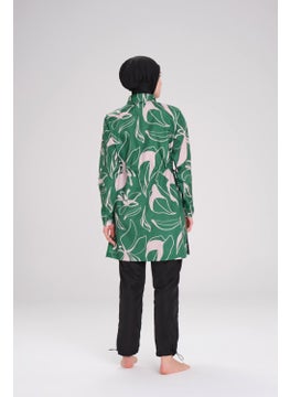 Nehar Patterned Green Woven 3 Piece Hijab Swimsuit Set 2256  - Image 4