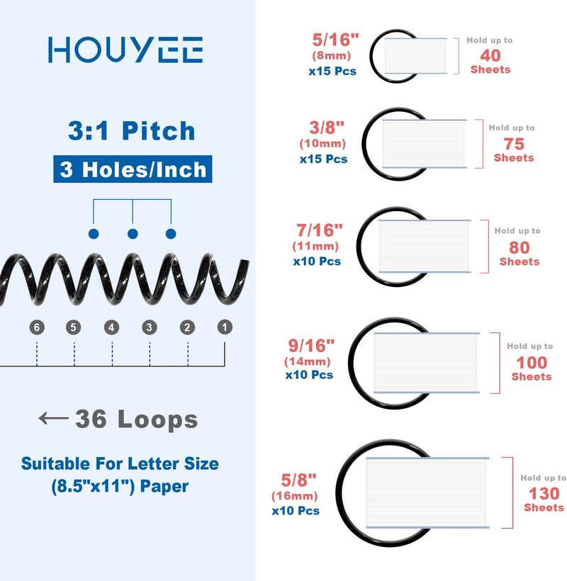 HOUYEE Store 60 Pack Plastic Spiral Binding Coils, Multi-Size, 3:1 Pitch, Black Binding Spirals (8mm+10mm+11mm+14mm+16mm), 36 Loops, for Letter Size - Image 2