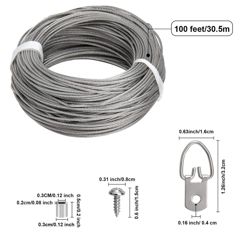 Blisstime Picture Hanging Kit - 100 Feet Stainless Steel Hanging Wire, 60 Pcs D Ring Picture Hangers with Screws and 60 Pcs Aluminum Crimping Loop Sleeve for Hanging Paintings Photos - Image 3