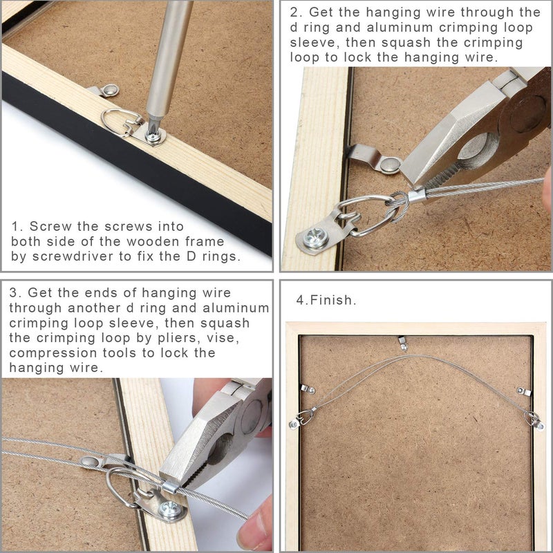 Blisstime Picture Hanging Kit - 100 Feet Stainless Steel Hanging Wire, 60 Pcs D Ring Picture Hangers with Screws and 60 Pcs Aluminum Crimping Loop Sleeve for Hanging Paintings Photos - Image 5