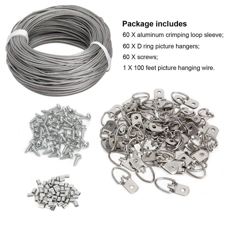 Blisstime Picture Hanging Kit - 100 Feet Stainless Steel Hanging Wire, 60 Pcs D Ring Picture Hangers with Screws and 60 Pcs Aluminum Crimping Loop Sleeve for Hanging Paintings Photos - Image 2