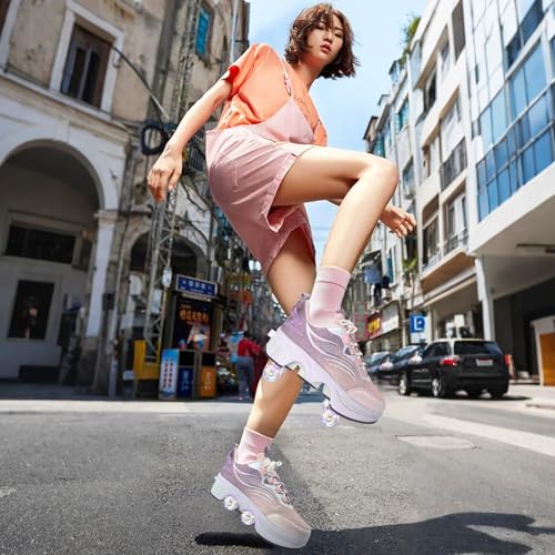 Deformation Roller Skates Roller Skate Shoes for Women Four Rounds Children's Roller Skates Shoes that Turn into Rollerskates Sneakers Outdoor Light Shoes with Wheels for Girls/Boys (White Red, US 5) - Image 2