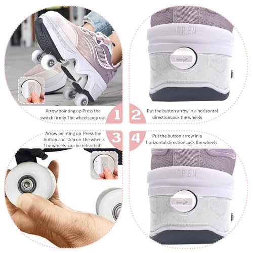 Deformation Roller Skates Roller Skate Shoes for Women Four Rounds Children's Roller Skates Shoes that Turn into Rollerskates Sneakers Outdoor Light Shoes with Wheels for Girls/Boys (White Red, US 5) - Image 3