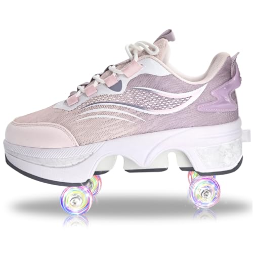Deformation Roller Skates Roller Skate Shoes for Women Four Rounds Children's Roller Skates Shoes that Turn into Rollerskates Sneakers Outdoor Light Shoes with Wheels for Girls/Boys (White Red, US 5) - Image 1