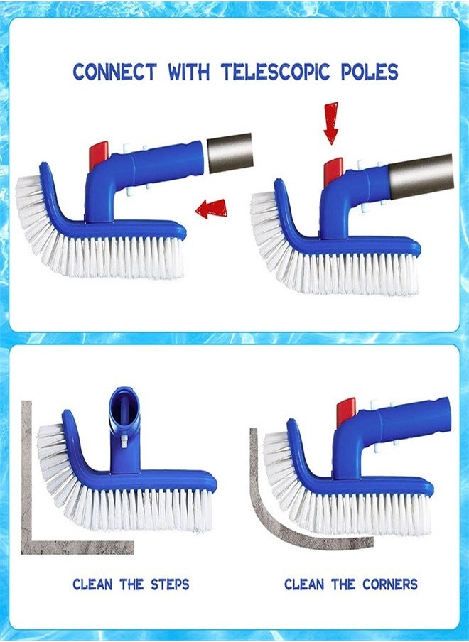 Pool Step and Corner Cleaning Brush with Adjustable 180 Degree Handle Rotation Curved End Bristles Easily Scrub Sweep Clean Swimming Pools Spas Hot Tubs Bathroom