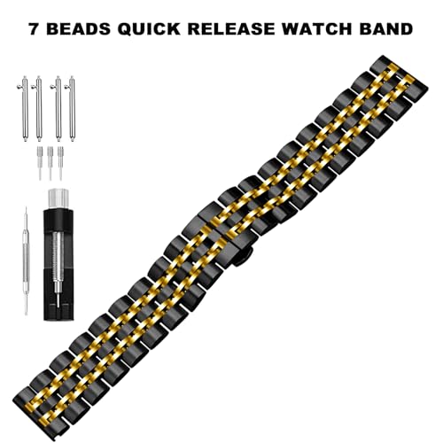 Juntan 7 Beads Quick Release Watch Band, 20mm Stainless Steel Watch Strap for Men Women, Adjustable Business Metal Watch Bracelet with Butterfly Clasp Gold Black - Image 2