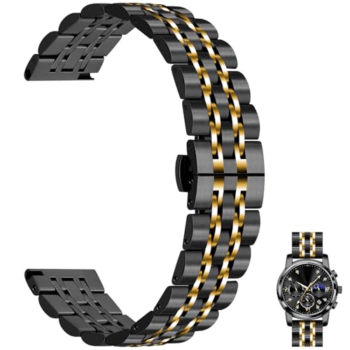 Juntan 7 Beads Quick Release Watch Band, 20mm Stainless Steel Watch Strap for Men Women, Adjustable Business Metal Watch Bracelet with Butterfly Clasp Gold Black - Image 1