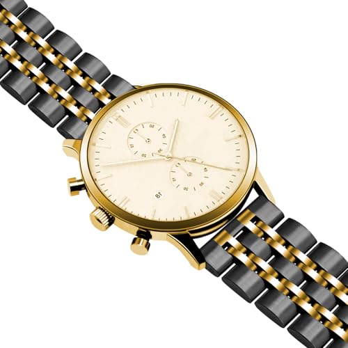 Juntan 7 Beads Quick Release Watch Band, 20mm Stainless Steel Watch Strap for Men Women, Adjustable Business Metal Watch Bracelet with Butterfly Clasp Gold Black - Image 3