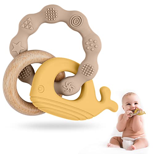 Vicloon Baby Teether Toys, Silicone & Natural Wood Teether Ring, Baby Teething Toys for Babies 0 Months+, Silicone Chewable Rings for Newborn Gift（Yellow） - Image 1