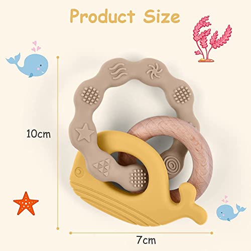Vicloon Baby Teether Toys, Silicone & Natural Wood Teether Ring, Baby Teething Toys for Babies 0 Months+, Silicone Chewable Rings for Newborn Gift（Yellow） - Image 2