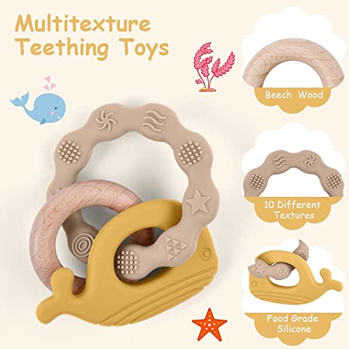 Vicloon Baby Teether Toys, Silicone & Natural Wood Teether Ring, Baby Teething Toys for Babies 0 Months+, Silicone Chewable Rings for Newborn Gift（Yellow） - Image 4