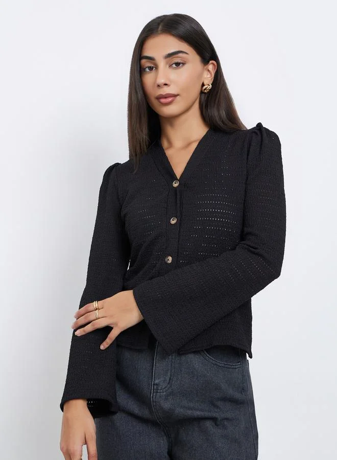 Styli Black Textured Knit Top with Long Sleeves