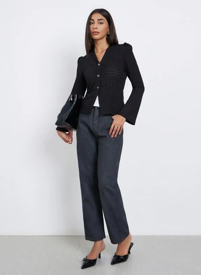 Styli  Black Textured Knit Top with Long Sleeves for Women | Best Price UAE
